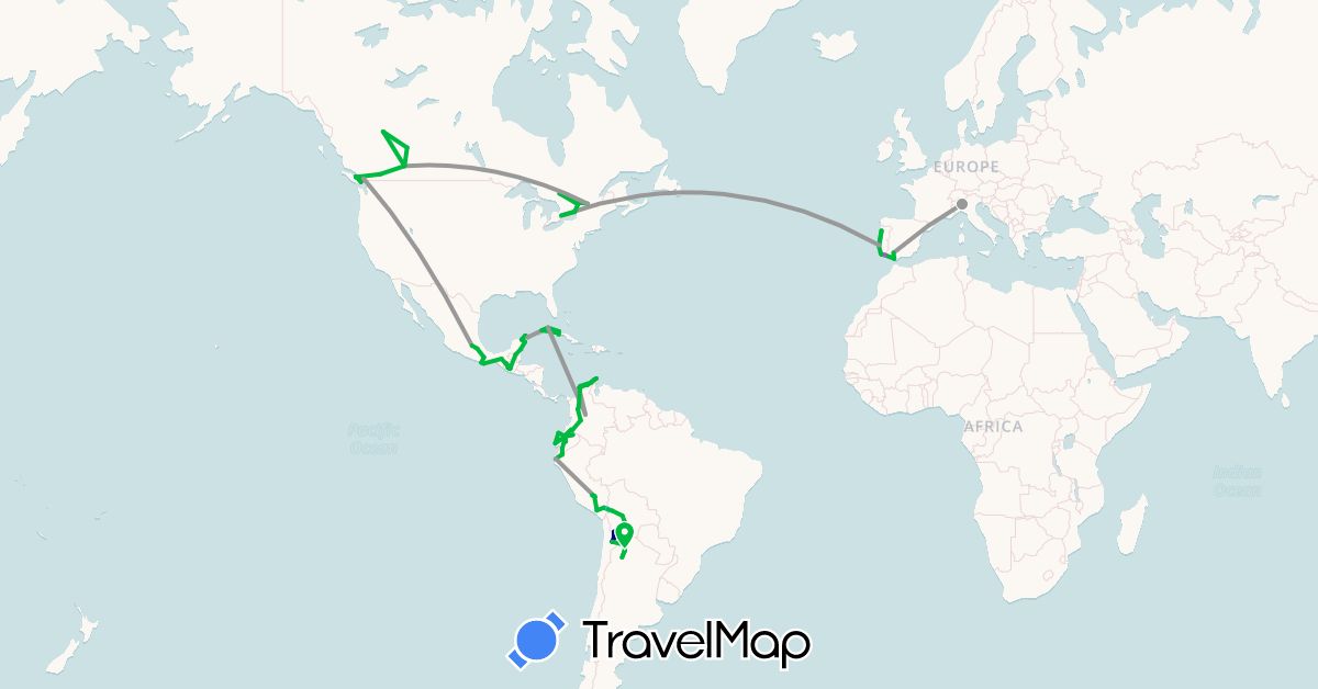 TravelMap itinerary: driving, bus, plane, train, boat in Argentina, Bolivia, Canada, Chile, Colombia, Cuba, Ecuador, Spain, Guatemala, Italy, Mexico, Peru, Portugal (Europe, North America, South America)